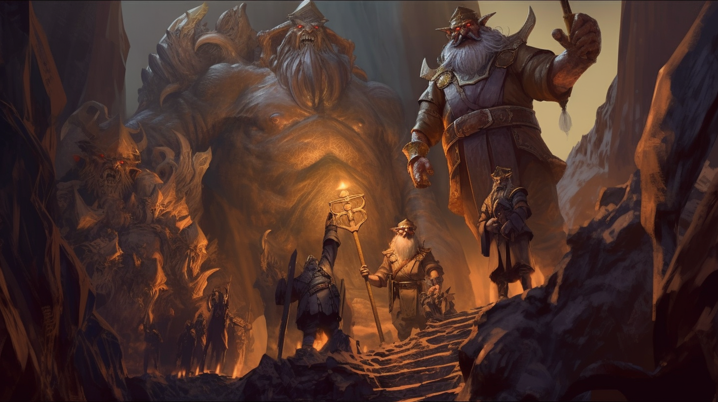 Dwarves with dwarven statues in an ancient mine